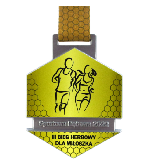 Medal Sportowa Dębowa 2022 wykonany z odlewu o geometrycznym kształcie z kolorowym nadrukiem UV oraz zdobieniem z motywem nawiązującym do dyscypliny - przód