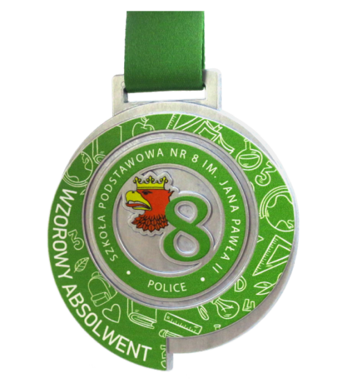 Medal Wzorowy Absolwent o owalnym kształcie z zielonym nadrukiem, logo szkoły oraz zdobieniami nawiązującymi do szkolnictwa - bok