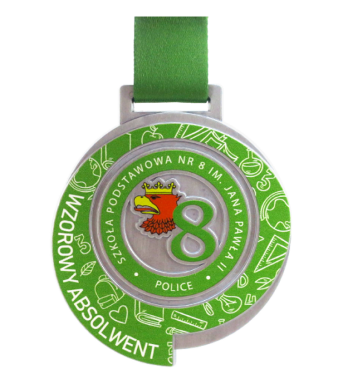 Medal Wzorowy Absolwent o owalnym kształcie z zielonym nadrukiem, logo szkoły oraz zdobieniami nawiązującymi do szkolnictwa - przód