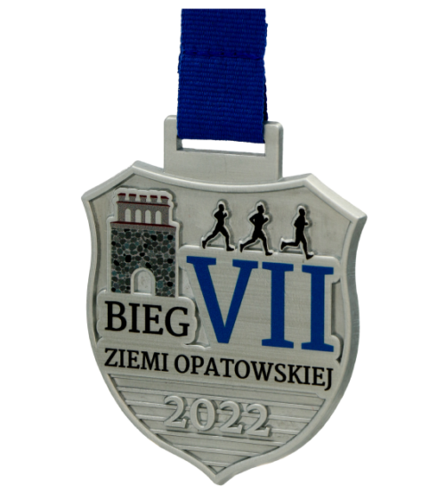 Medal na Bieg Ziemi Opatowskiej w kształcie herbu z kolorowym nadrukiem - bok