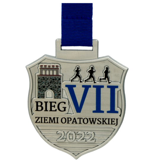 Medal na Bieg Ziemi Opatowskiej w kształcie herbu z kolorowym nadrukiem - przód