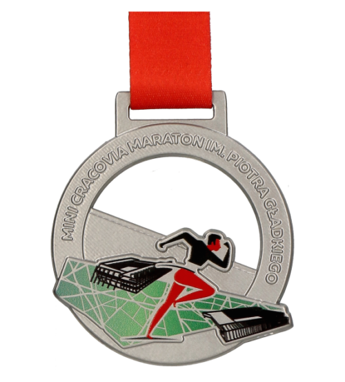 Medal na Mini Cracovia Maraton z nowoczesnymi wycięciami i kolorowym nadrukiem - przód