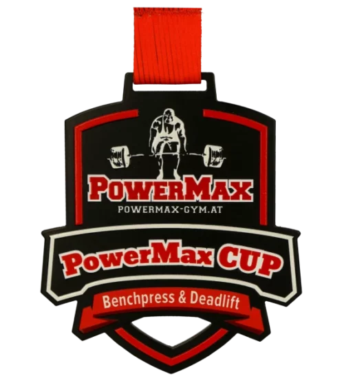 Medal na PowerMax Cup wykonany za pomocą cięcia laserowego z kolorowym nadrukiem UV - przód