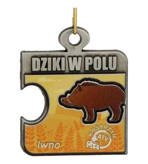 Medal na bieg Dziki w Polu w kształcie puzzla z kolorowym nadrukiem z dzikiem - przód