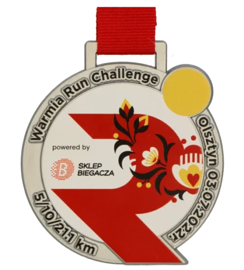 Medal na Warmia Run Challenge pełen kolorów wykonanych za pomocą nadruku umieszczonego na okrągłym medalu - przód