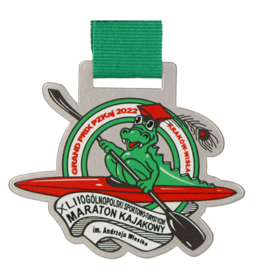 Nowoczesny medal na Maraton Kajakowy wycinany za pomocą lasera z kolorowym nadrukiem - przód