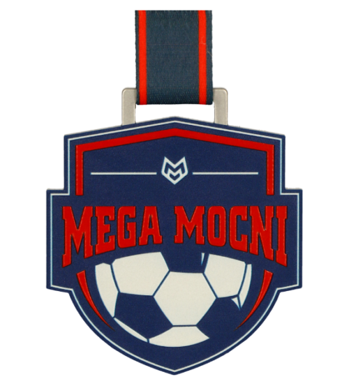 Nowoczesny medal na Megamocny Turniej Piłki Nożnej PZU Futbol Plus o ciekawym kształcie z kolorowym nadrukiem - przód
