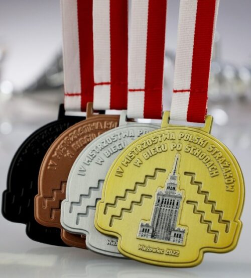Dwustronny medal na Mistrzostwa Polski Strażaków w Biegu po Schodach z kolorowym nadrukiem i zdobieniami wykonanymi w technice 3D - awers