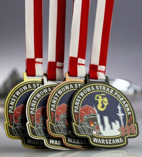 Dwustronny medal na Mistrzostwa Polski Strażaków w Biegu po Schodach z kolorowym nadrukiem i zdobieniami wykonanymi w technice 3D - rewers