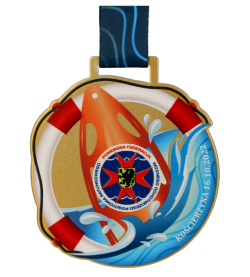 Medal Pomorska Liga Ratownictwa Wodnego o ciekawym kształcie ciętym laserem z kolorowym nadrukiem 3D - przód