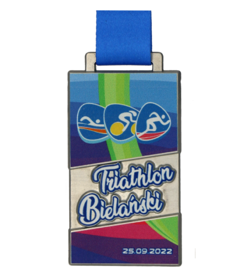 Medal na Triathlon Bielański o prostokątnym kształcie z kolorowym nadrukiem - przód