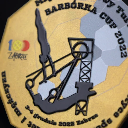Medal na Barbórka Cup z trójwymiarowym, kolorowym nadrukiem w trzech wersjach kolorystycznych - detal