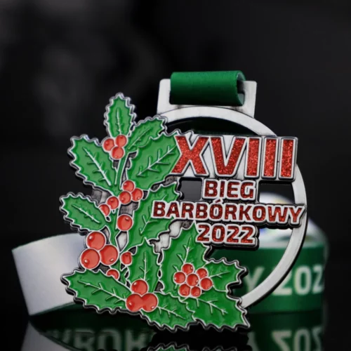 Medal odlewany na Bieg Barbórkowy w oryginalnym kształcie pełen zdobień pokrytych kolorową emalią oraz brokatem