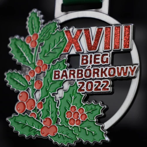 Medal odlewany na Bieg Barbórkowy w oryginalnym kształcie pełen zdobień pokrytych kolorową emalią oraz brokatem - brokat