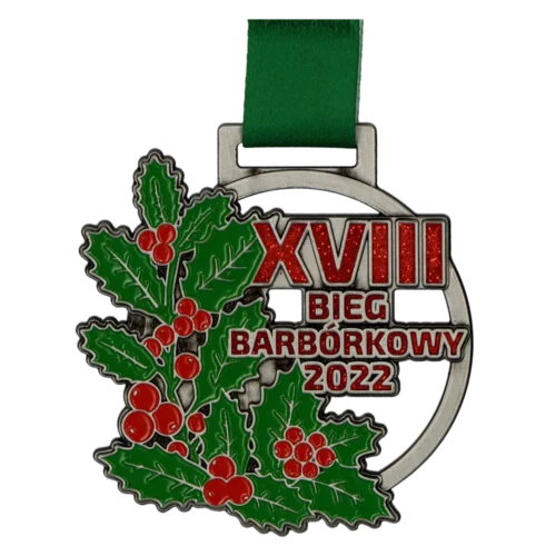 Medal odlewany na Bieg Barbórkowy w oryginalnym kształcie pełen zdobień pokrytych kolorową emalią oraz brokatem - przód