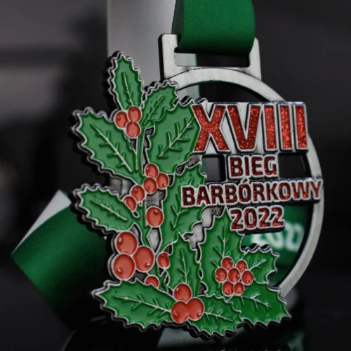 Medal odlewany na Bieg Barbórkowy w oryginalnym kształcie pełen zdobień pokrytych kolorową emalią oraz brokatem - wstążka