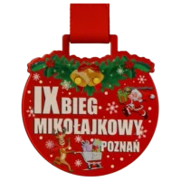 Medal na Bieg Mikołajkowy w Poznaniu o owalnym kształcie z kolorowym nadrukiem świątecznym - przód