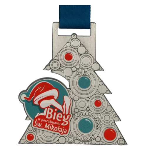 Medal na Bieg w Poszukiwaniu Świętego Mikołaja w kształcie choinki z kolorowym nadrukiem i zdobieniami 3D - przód