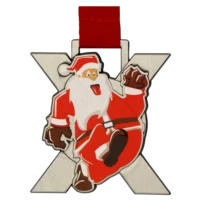 Medal na Bieg Mikołajkowy Dugnad w kształcie litery X z kolorowym nadrukiem biegnącego Mikołaja - przód