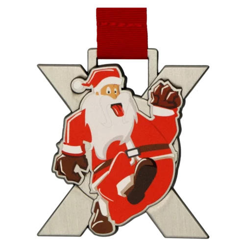 Medal na Bieg Mikołajkowy Dugnad w kształcie litery X z kolorowym nadrukiem biegnącego Mikołaja - przód