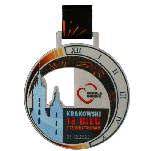 Medal na Krakowski Bieg Sylwestrowy o okrągłym kształcie z kolorowym nadrukiem - przód
