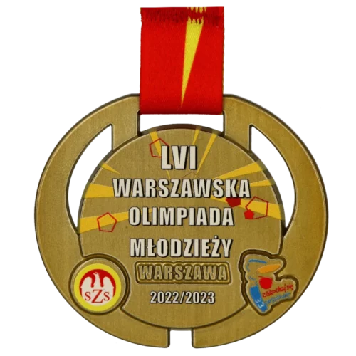 Złoty medal z czerwoną wstążką.