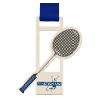 Srebrny medal z rakietą do badmintona z niebieską wstążką.
