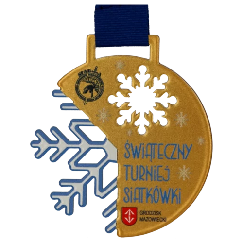 Medal na Świąteczny Turniej Siatkówki w trzech kolorach oraz o oryginalnym kształcie z motywem śnieżynki - przód