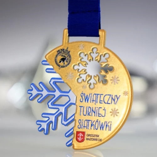 Medal na Świąteczny Turniej Siatkówki w trzech kolorach oraz o oryginalnym kształcie z motywem śnieżynki - złoto