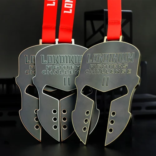 Zestaw nagród składający się z medali i statuetki na Londinium Fighters Challenge_4